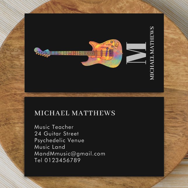 Guitar Teacher Custom Business Card (Guitar teacher professional musician simple Business card Colorful electric guitar art sleek black)