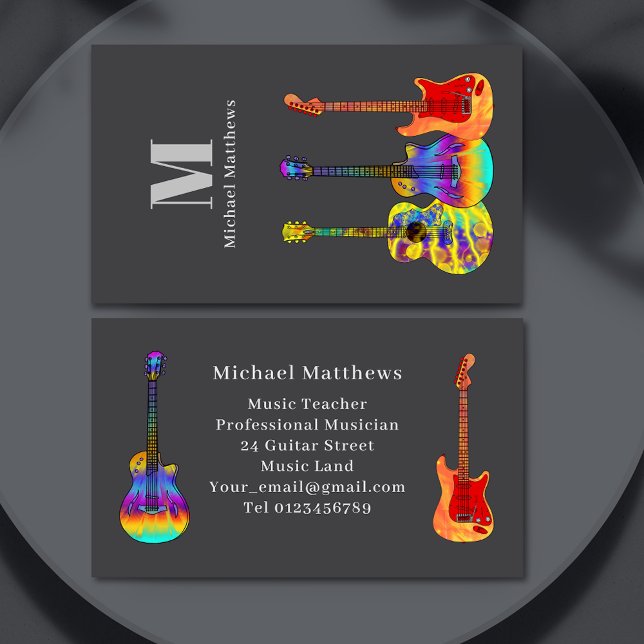 Guitar Teacher Custom Monogram Business Card (Modern guitar musician and music teacher custom business card with colorful funky guitars)