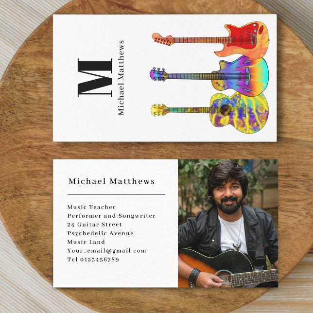 Guitar Teacher Custom Photo Business Card (Modern guitar music teacher professional musician photo Business card Colorful guitar art)