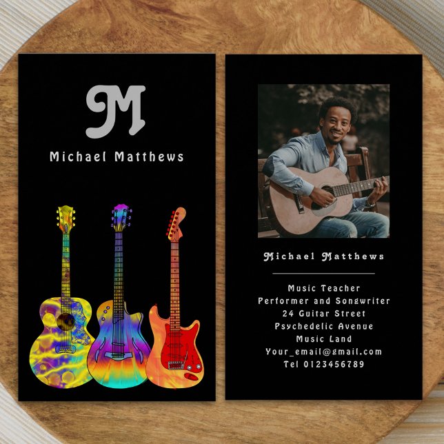 Guitar Teacher Custom Photo Retro Business Card (Modern music teacher professional musician gray black photo Business card personalized monogram )