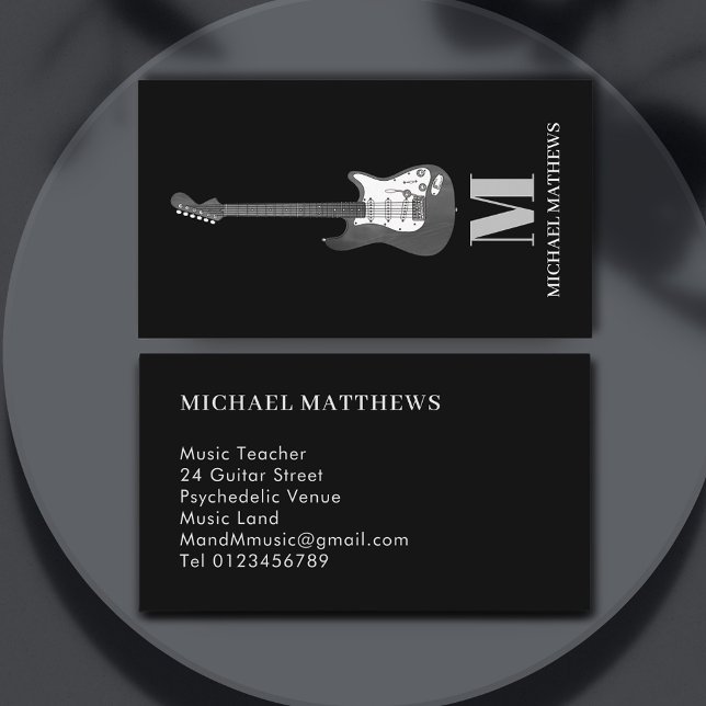 Guitar Teacher Monogrammed Simple Black and White Business Card (Guitar music teacher black and white professional business card)