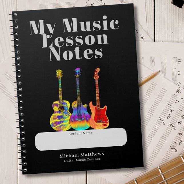 Guitar Teacher Music Lessons Student Custom Notebook (Guitar teacher custom student notebook for music lesson notes Colorful psychedelic guitar artwork)