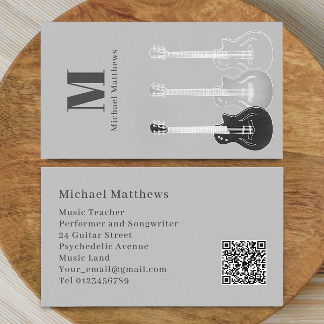 Guitar Teacher Music Professional Custom QR Code Business Card (Modern guitar music teacher professional musician qr code gray Business card )