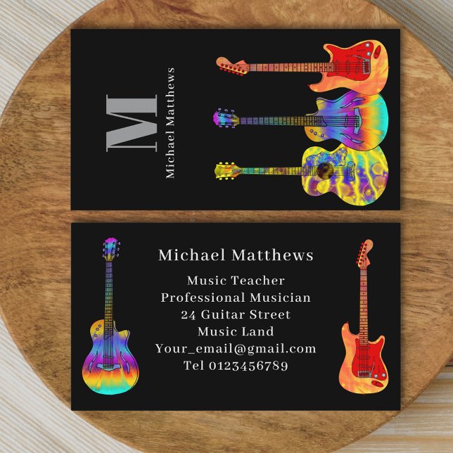 Guitar Teacher Musician Business Card (Colorful guitar pattern on black music guitar teacher performer musician professional business card )
