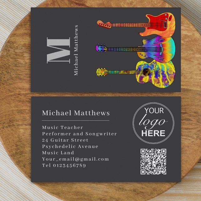 Guitar Teacher Musician Custom QR Code and Logo Business Card (Modern guitar music tutor professional musician logo qr code Business card)