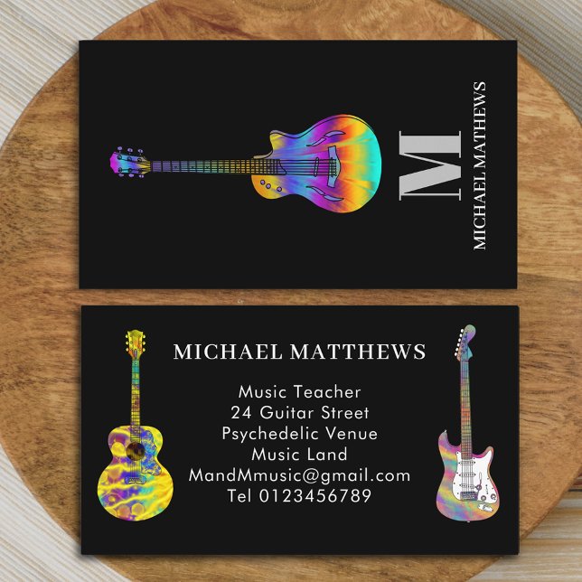 Guitar Teacher Musician Monogram Business Card (Modern professional guitar teacher Business card Electric semi acoustic guitars simple minimalist )