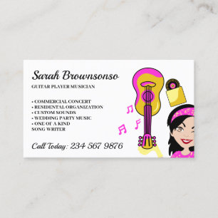 Guitar Teacher Musician Pink Yellow Cartoon Girl Business Card