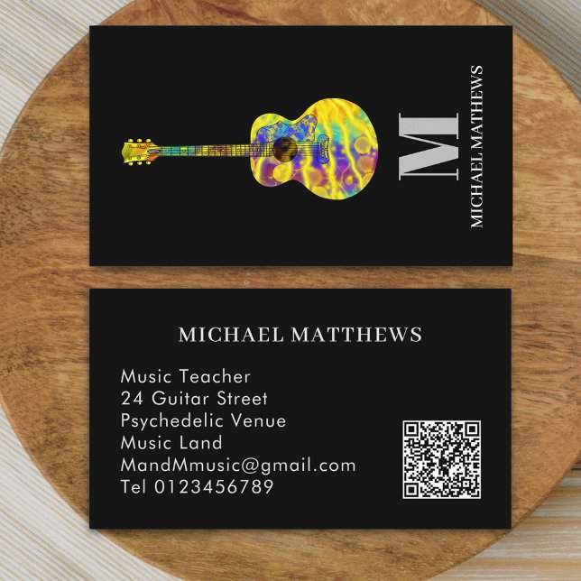 Guitar Teacher Professional Custom QR Code Business Card (Modern guitar music teacher professional musician qr code Business card colorful psychedelic guitar )