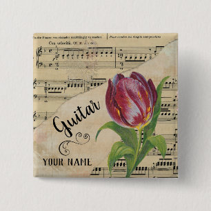 Guitar Tulip Vintage Sheet Music Customised 15 Cm Square Badge