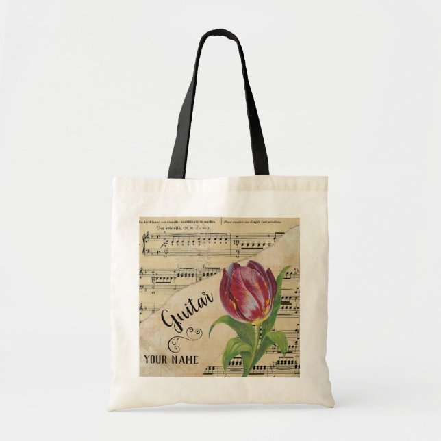 Guitar Tulip Vintage Sheet Music Customised Tote Bag (Front)