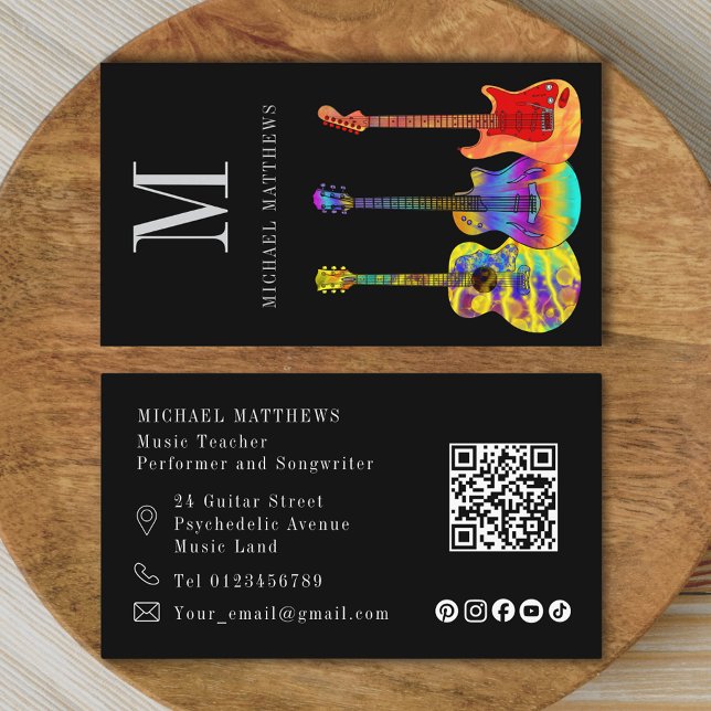 Guitar Tutor Musician Custom QR Code Social Media Business Card (Modern guitar teacher musician qr code and social media custom business card)