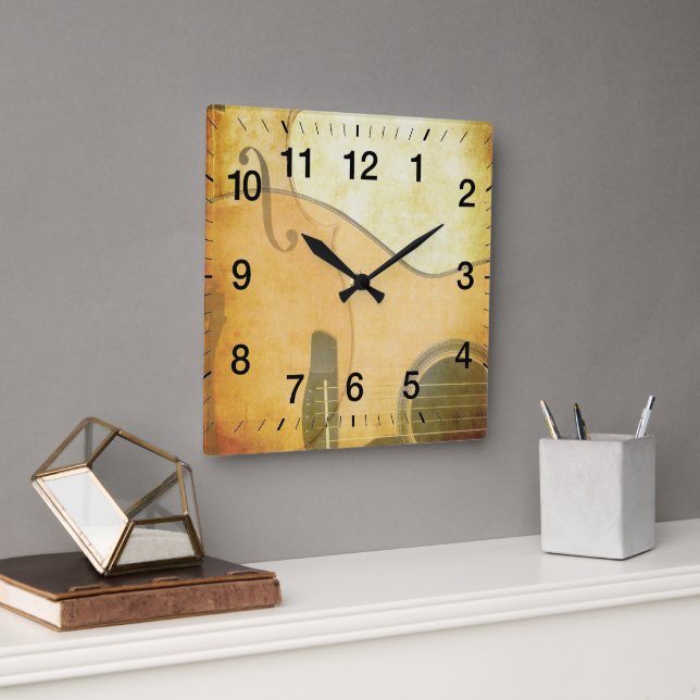 Guitar & Violin Soft Gold Image Square Wall Clock (Office)
