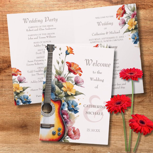 Guitar Wildflower Musical Country Spring Wedding Programme (Creator Uploaded)