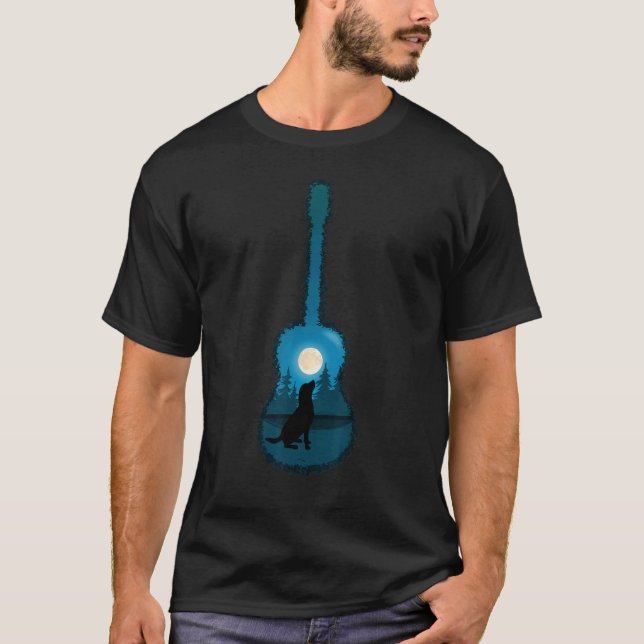 Guitar with Dog and Moon Retro Design T-Shirt (Front)