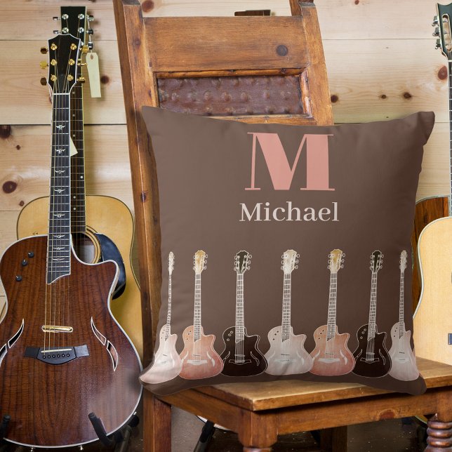 Guitarist Monogrammed Guitars Brown Cushion (Guitar lovers monogram brown rustic pillow)