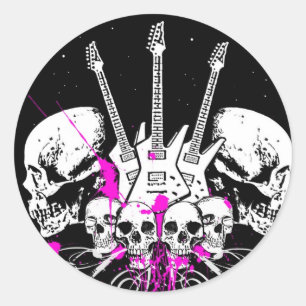 guitars and skulls classic round sticker
