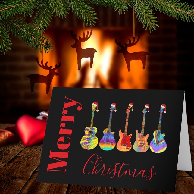 Guitars Christmas Musical Jazzy Colourful Holiday Card (Merry Christmas guitars wearing Santa hats cool music themed holiday card)