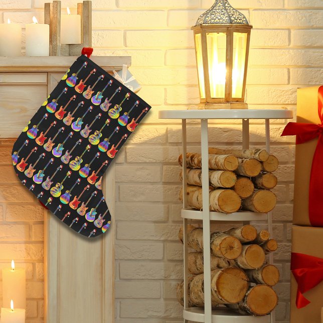 Guitars electric acoustic colourful music pattern large christmas stocking (Christmas guitar pattern colorful guitars wearing santa hats music themed Christmas stocking)