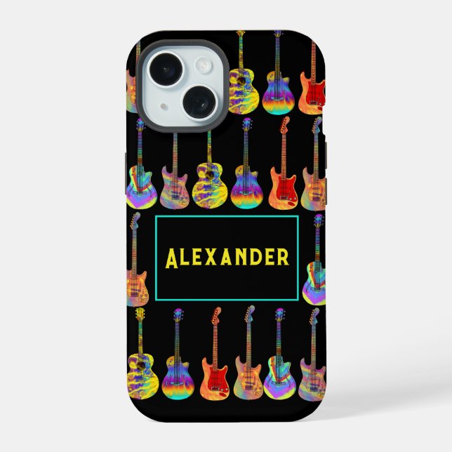 Guitars Funky Psychedelic Pop Art Pattern Add Name iPhone 15 Case (Back)