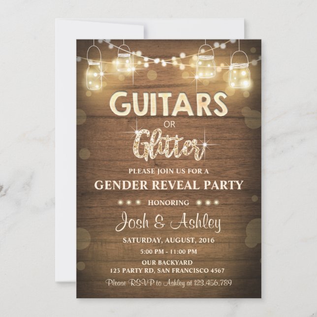 Guitars or Glitter Gender Reveal Invitation Rustic (Front)