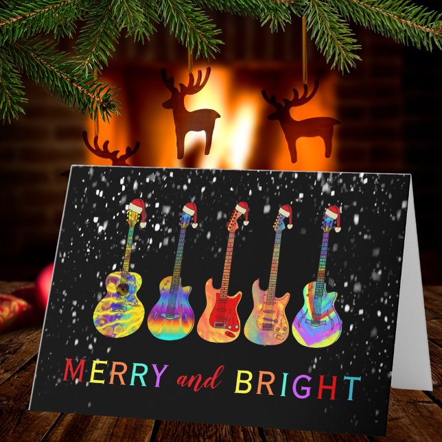 Guitars Wearing Santa Hats Holiday Card (Merry and Bright Christmas colorful electric acoustic guitars custom holiday greetings folded card)