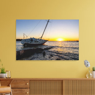 Gulf Breeze Sailboat And Jetty Sunset Canvas Print