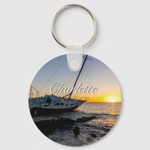 Gulf Breeze Sailboat And Jetty Sunset Key Chain