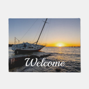 Gulf Breeze Sailboat Jetty Sunset Welcome Doormat