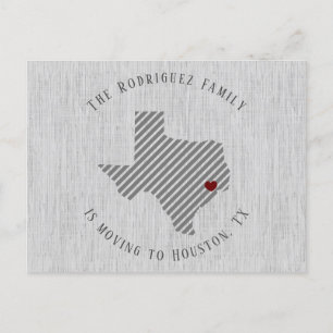 Gulf Coast Grey Linen and Heart Texas Moving Announcement Postcard