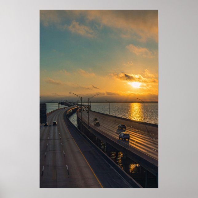 Gulf Coast Sunrise Causeway Bridge Highway Poster (Front)