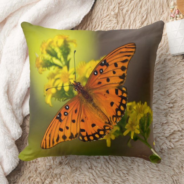 Gulf Fritillary aka Passion Butterfly on Goldenrod Cushion (Blanket)