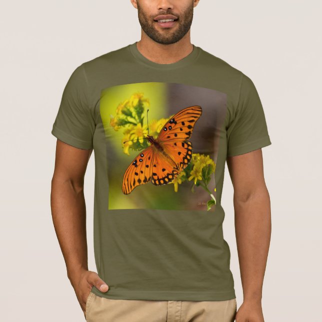 Gulf Fritillary aka Passion Butterfly on Goldenrod T-Shirt (Front)