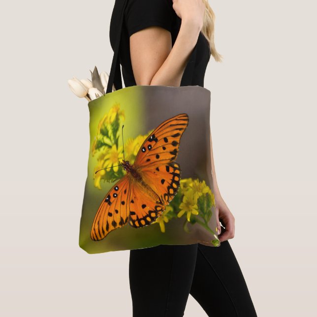 Gulf Fritillary aka Passion Butterfly on Goldenrod Tote Bag (Close Up)