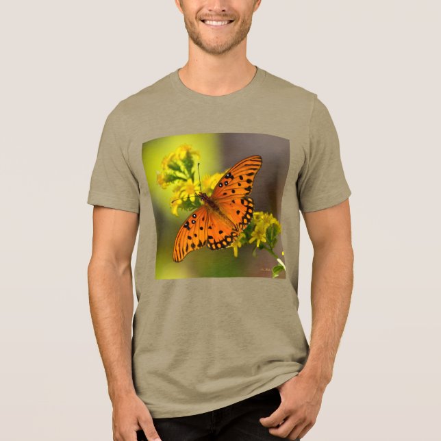 Gulf Fritillary aka Passion Butterfly on Goldenrod Tri-Blend Shirt (Front)