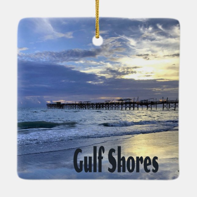 Gulf Shores Alabama Beach Sunrise Pier Ceramic Ornament (Back)