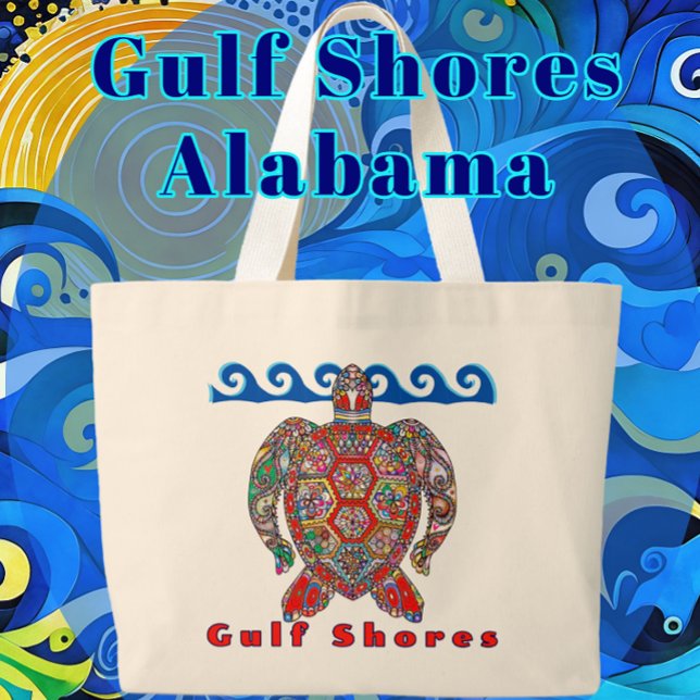 Gulf Shores Alabama Colourful Mosaic Sea Turtle Large Tote Bag (Colorful fun travel souvenir featuring a majestic sea turtle. Check out the choices of bag styles.)