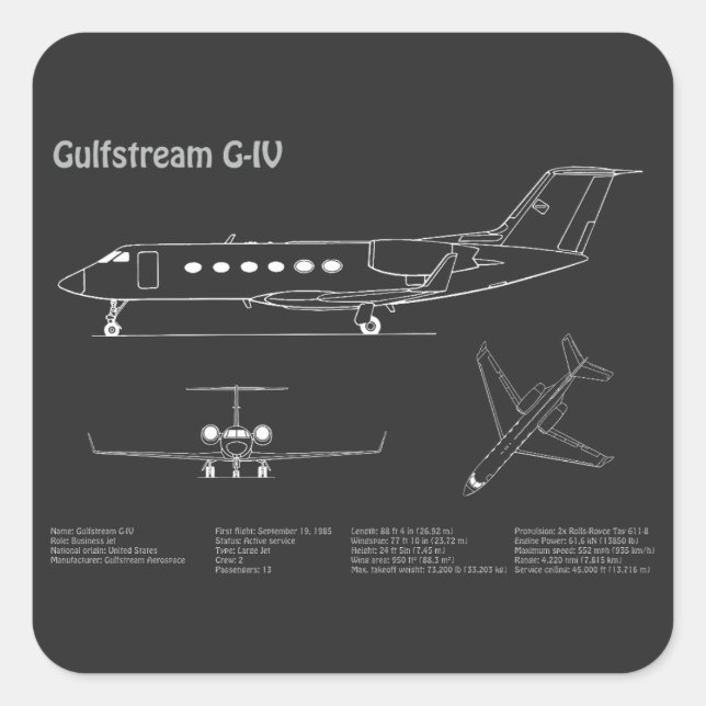 Gulfstream G-IV - Aeroplane Blueprint Plans PD Square Sticker (Front)