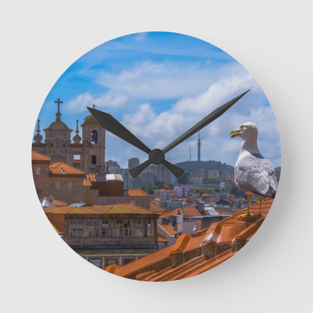 Gull Birds Eye View Rooftops of Portugal Round Clock (Front)