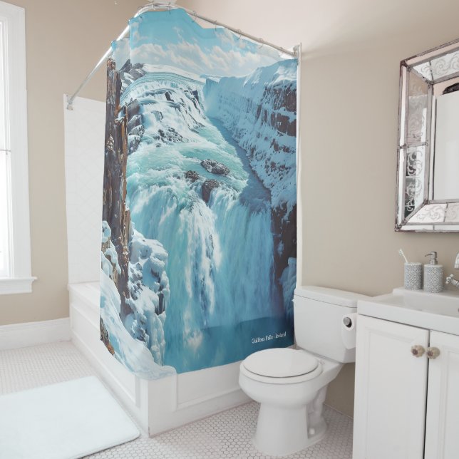 Gullfoss Falls Iceland Vintage Illustration Travel Shower Curtain (In Situ)