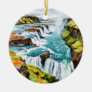 Gullfoss Iceland Watercolor Ceramic Tree Decoration