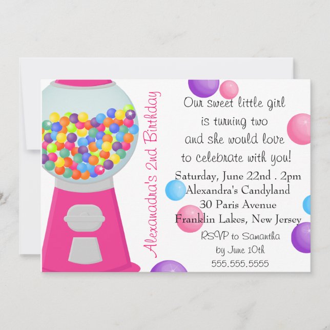 Gum Ball Machine Candy Party Girl Birthday Invitation (Front)