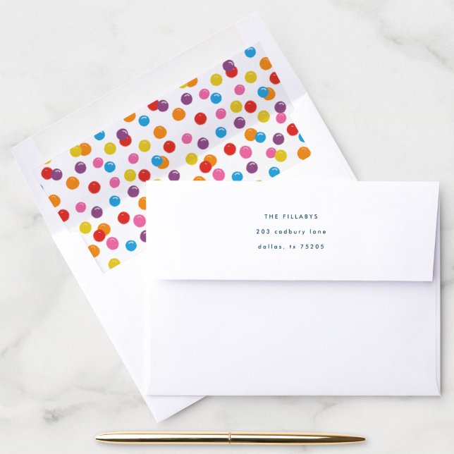 Gumball Machine Candy Bubble Gum Birthday Party Envelope (Colorful bubble gum candy envelope liner inside this cute return address envelope.)