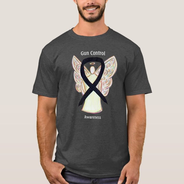 Gun Control Black Awareness Ribbon Angel T-Shirt (Front)