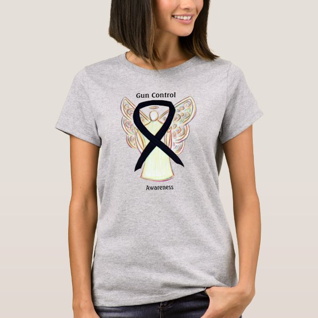 Gun Control Black Awareness Ribbon Angel T-Shirt (Front)