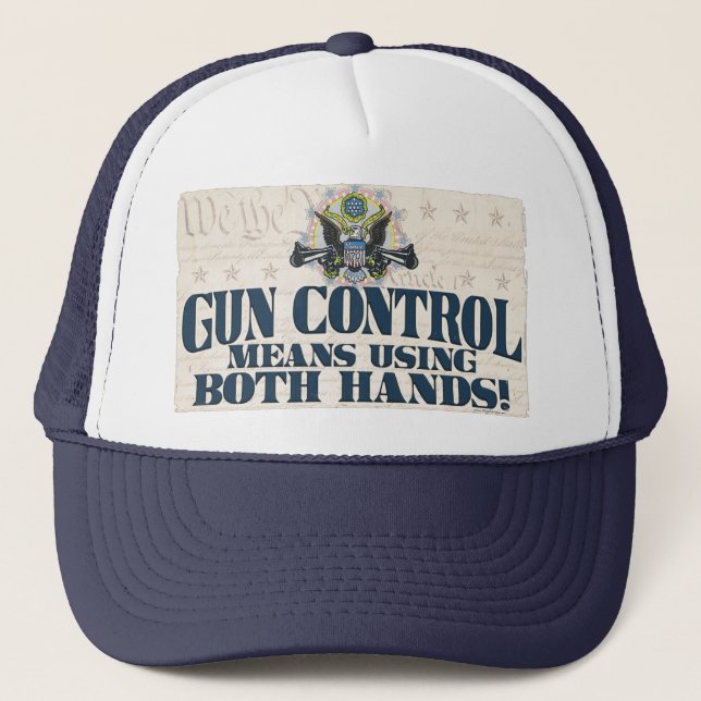 Gun Control: Using Both Hands Gun-Toting Eagle Trucker Hat (Front)