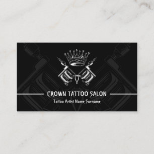 Gun Pen Crown Minimal Modern Black Tattoo Artist Business Card