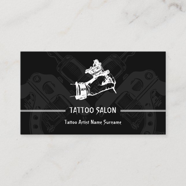 Gun Pen Minimalist Modern Black Tattoo Artist Business Card (Front)