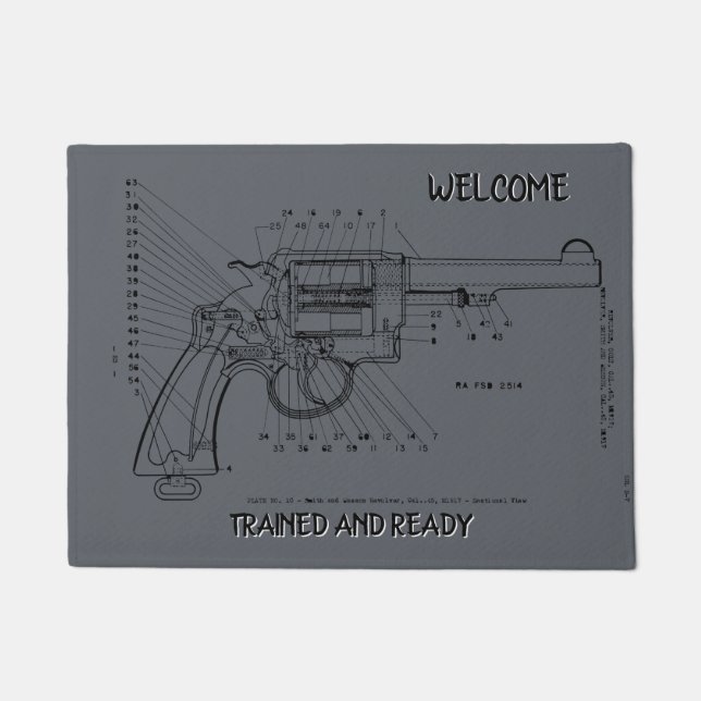 GUN PISTOL HANDGUN REVOLVER TRAINED AND READY DOORMAT (Front)