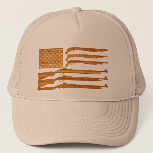 Gun Rifle Flag Woodgrain Trucker Hat (Front)