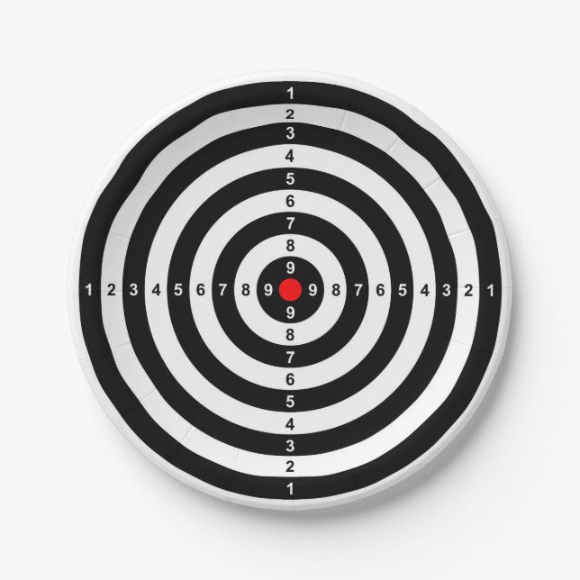 gun shooting range bulls eye target symbol paper plate (Front)